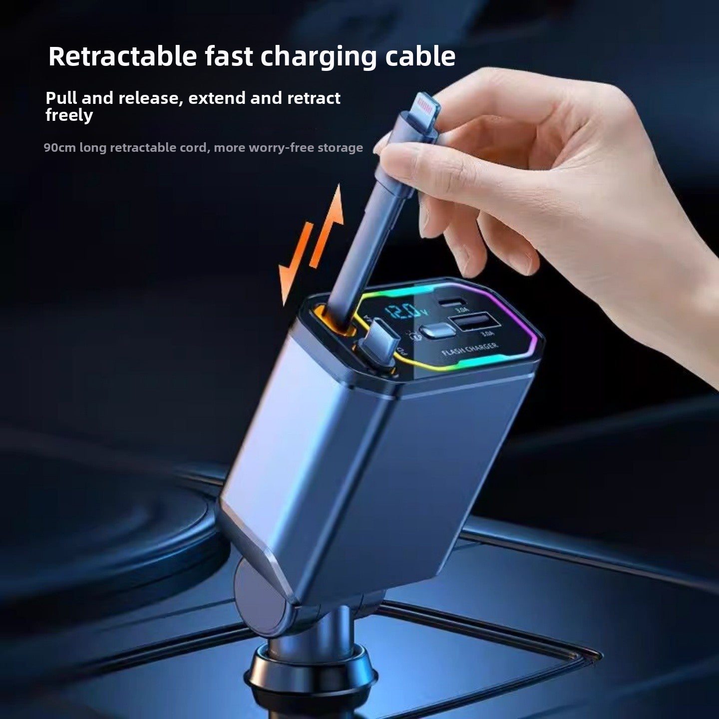 Retractable Car Charger with Fast Charging and Ambient Light