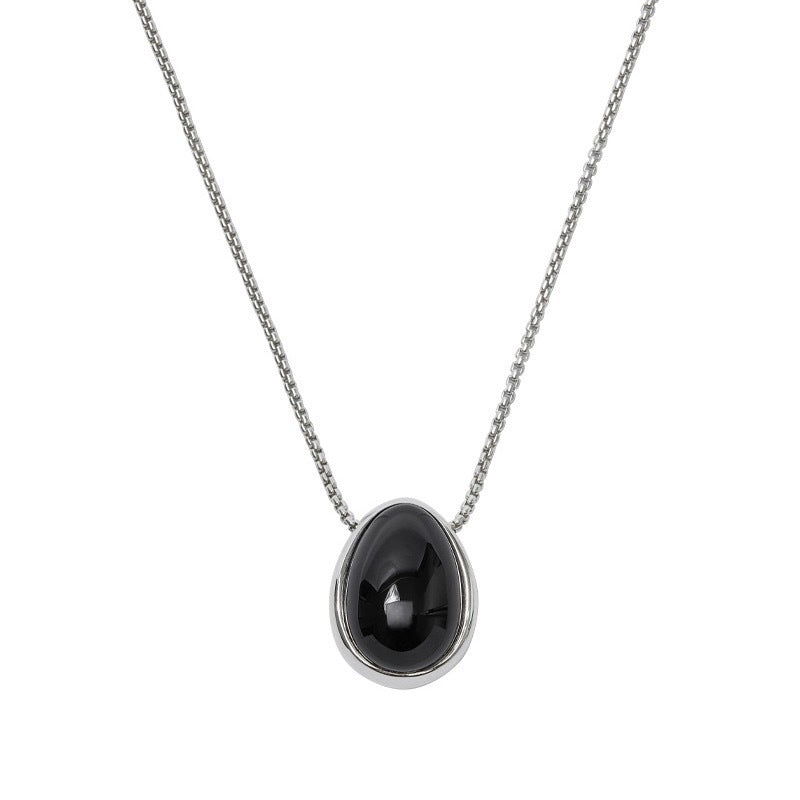 Retro Black Agate Drop Pendant Necklace and Oval Stud Earrings