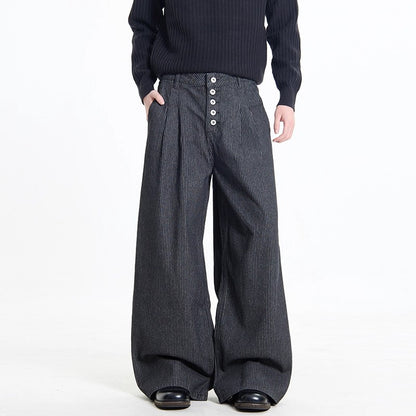 Retro Black Striped Pleated Button Jeans for Men