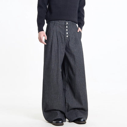 Retro Black Striped Pleated Button Jeans for Men
