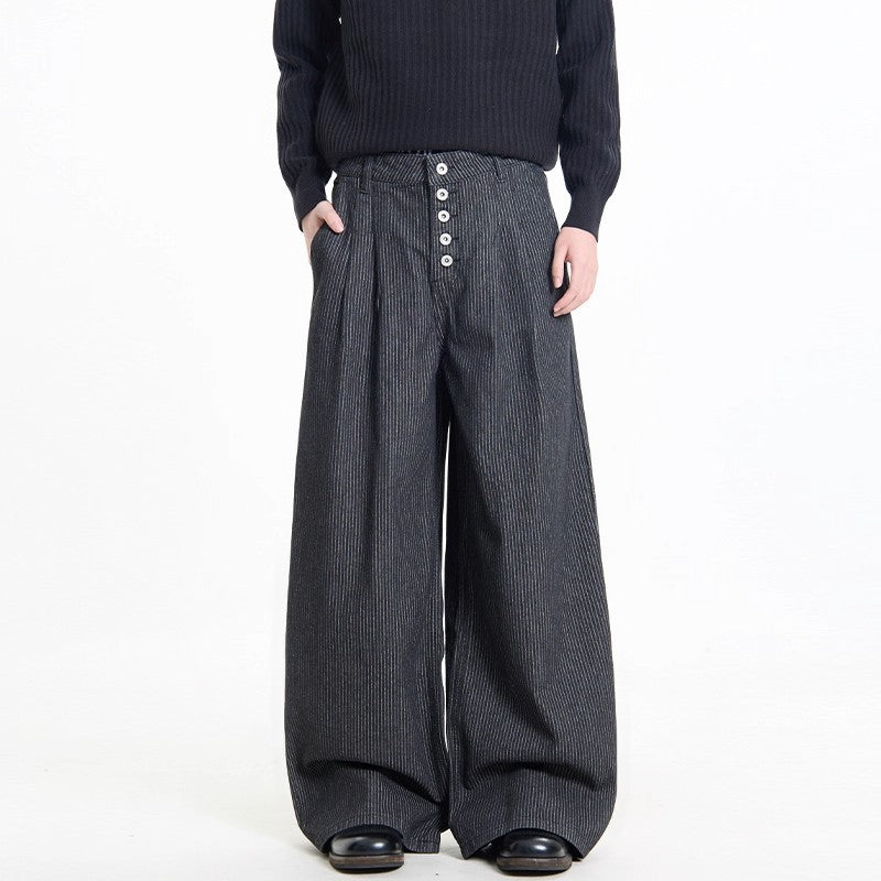 Retro Black Striped Pleated Button Jeans for Men