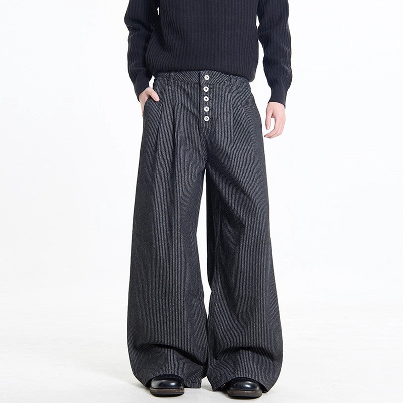 Retro Black Striped Pleated Button Jeans for Men