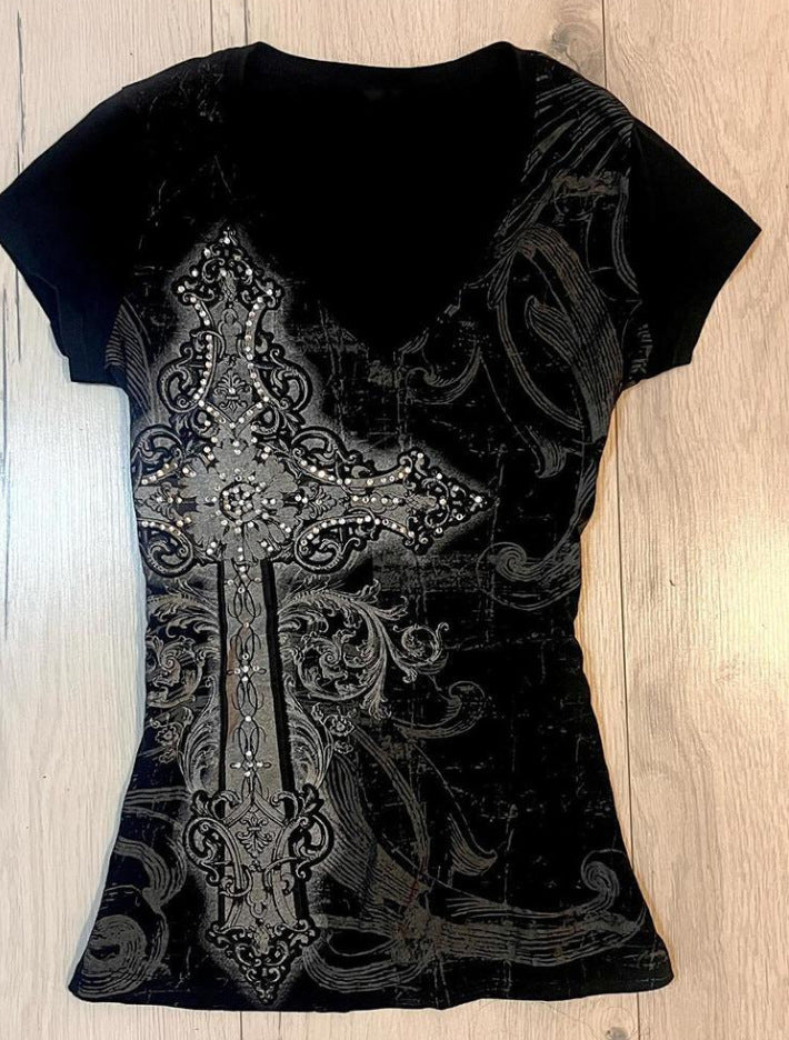 Retro Black Tie-dye Printed T-shirt