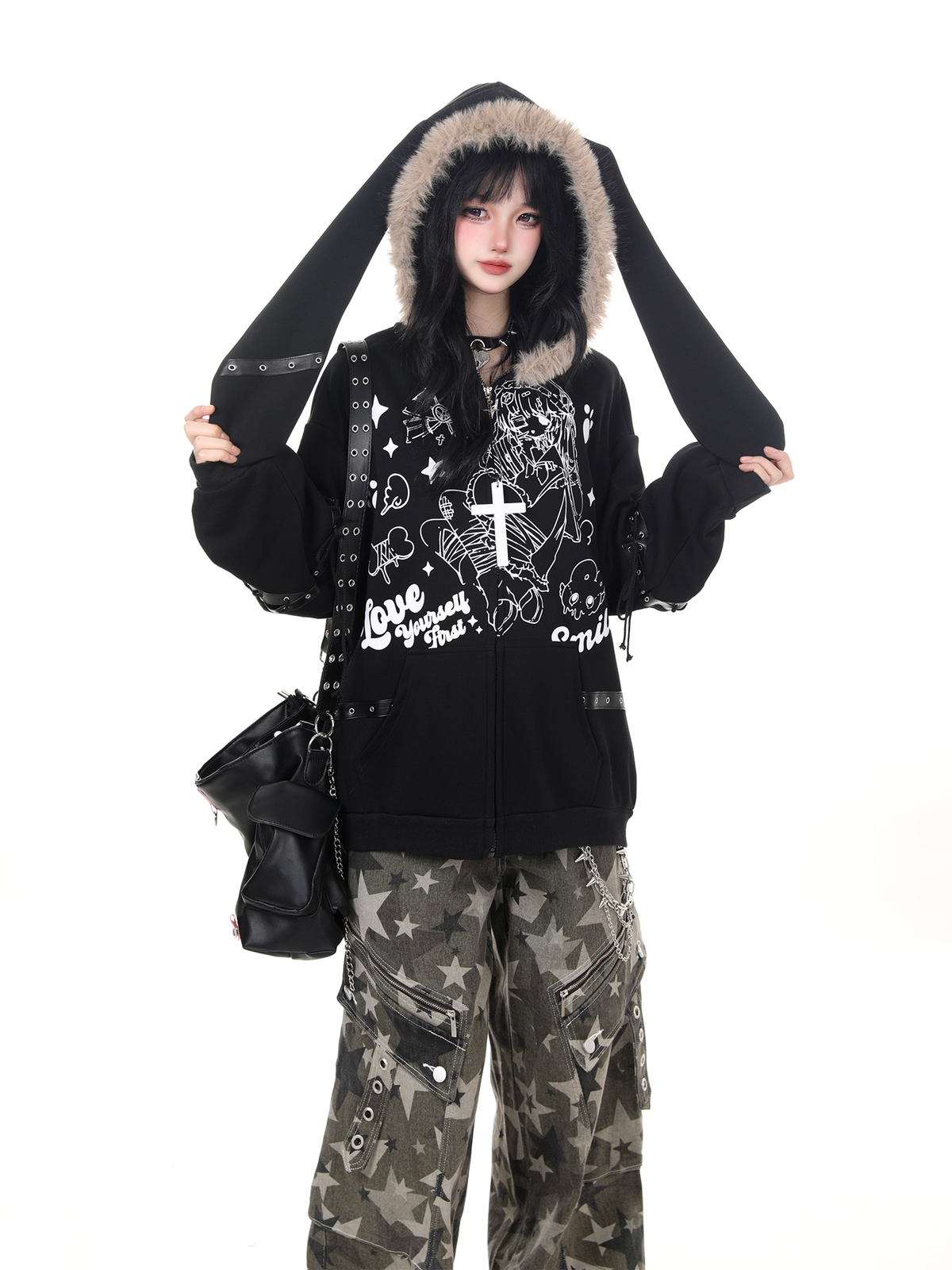 Retro Cartoon Print Hooded Sweatshirt with Rabbit Ears