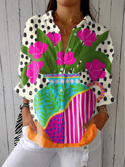 Retro Cat Print Shirt and Pants Set with Scarf