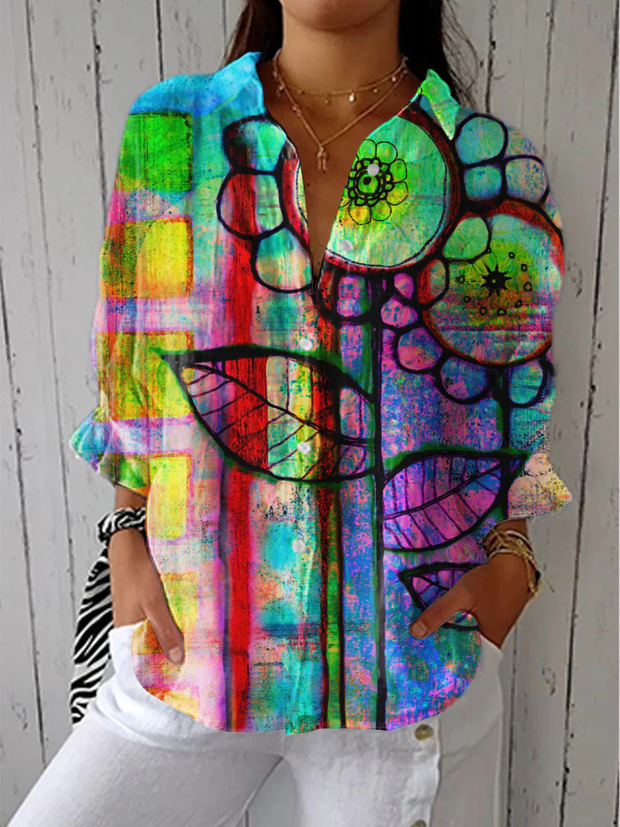 Retro Cat Print Shirt and Pants Set with Scarf