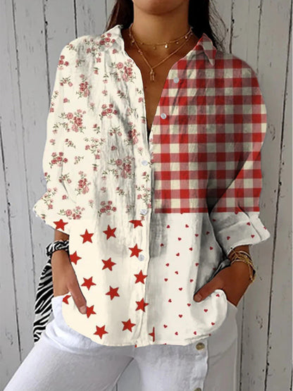 Retro Cat Print Shirt and Pants Set with Scarf