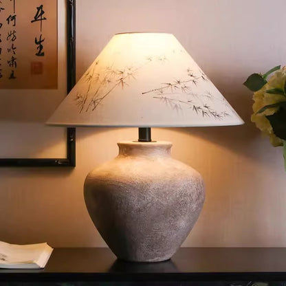 Retro Ceramic Table Lamp with Bamboo Shade