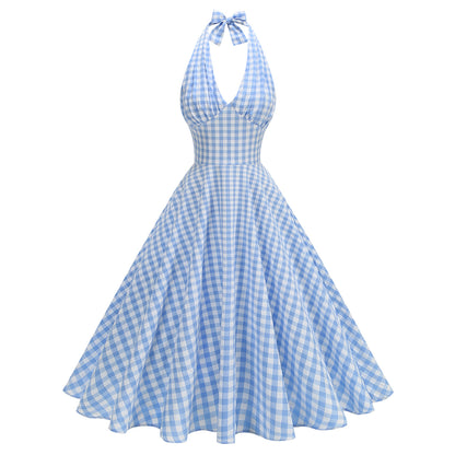 Retro Checkered Halter Neck Dress