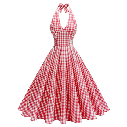 Retro Checkered Halter Neck Dress