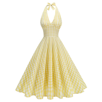 Retro Checkered Halter Neck Dress