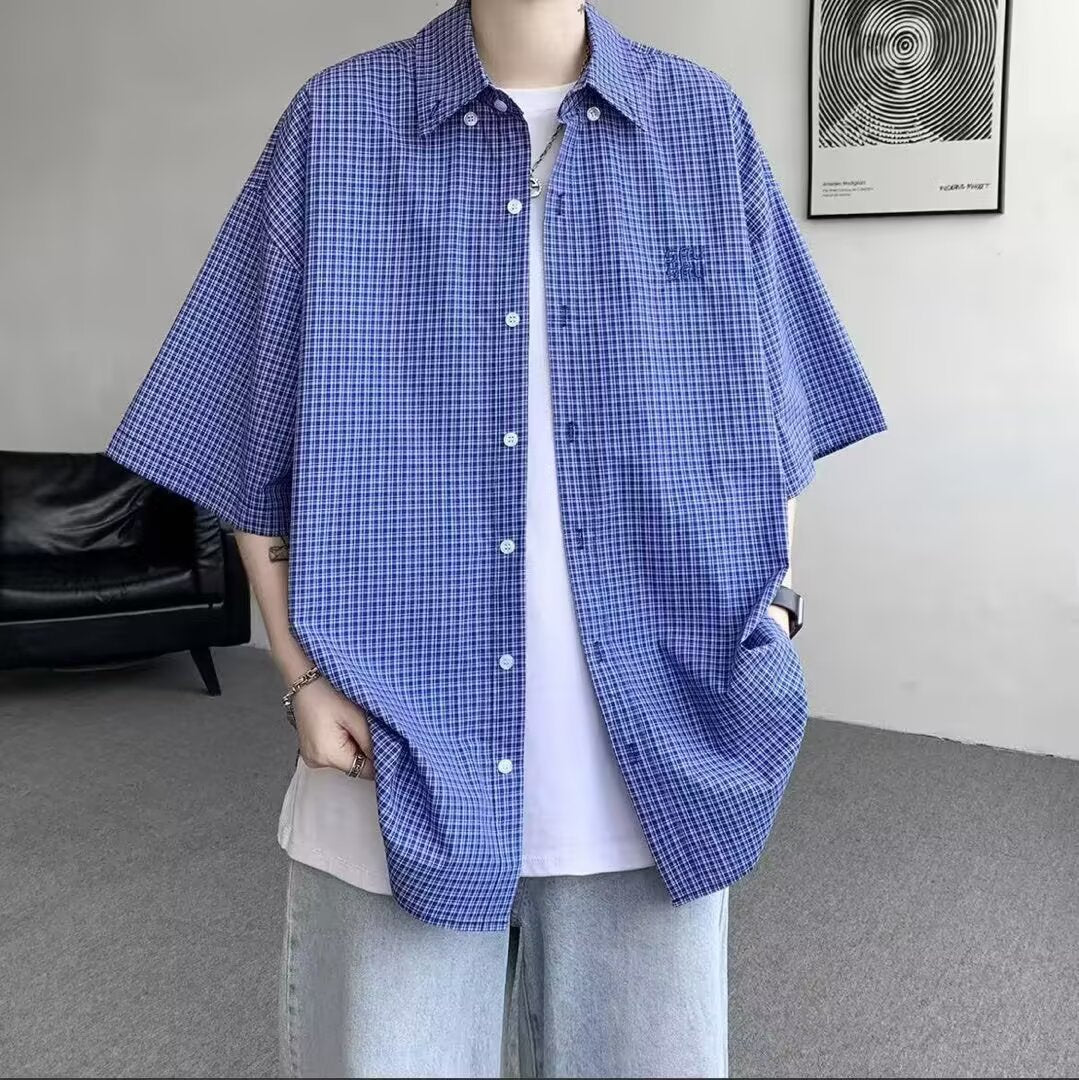 Retro checkered lapel short-sleeved shirt