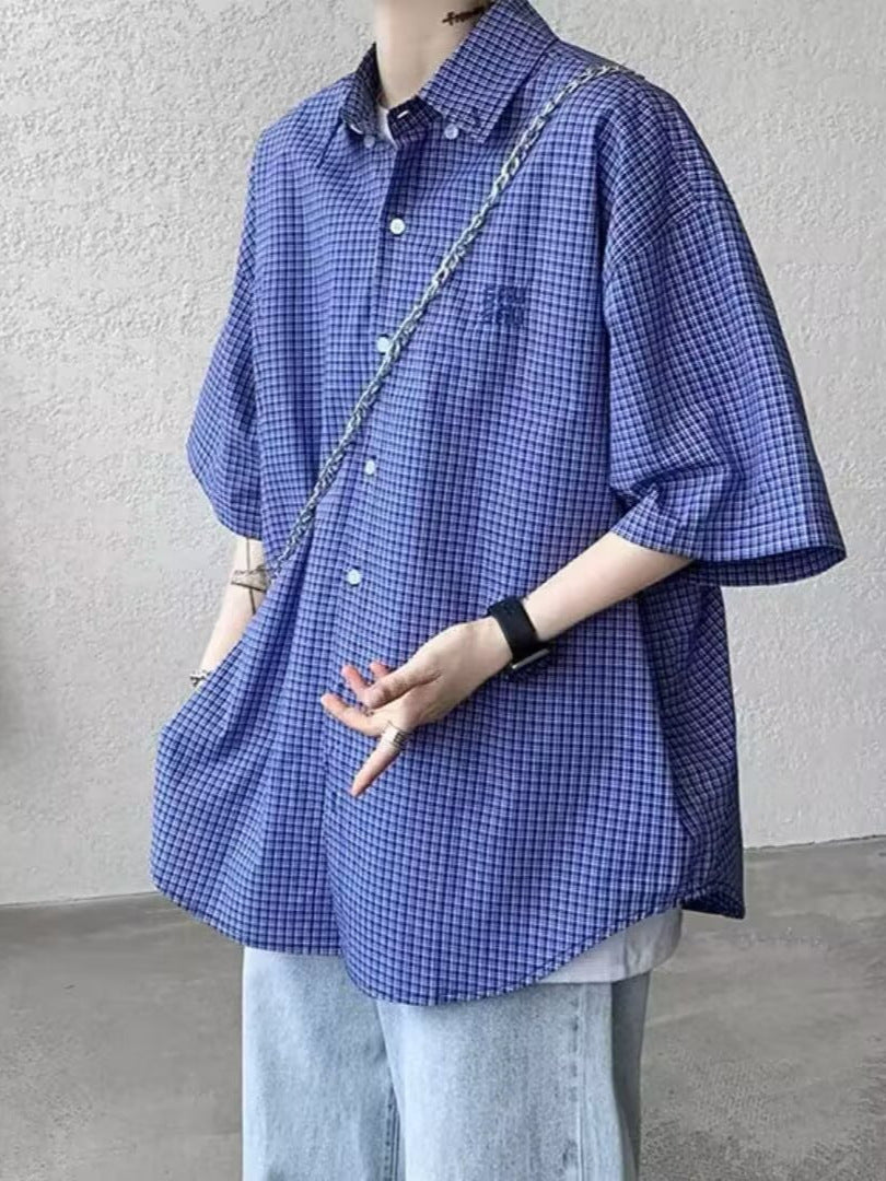Retro checkered lapel short-sleeved shirt