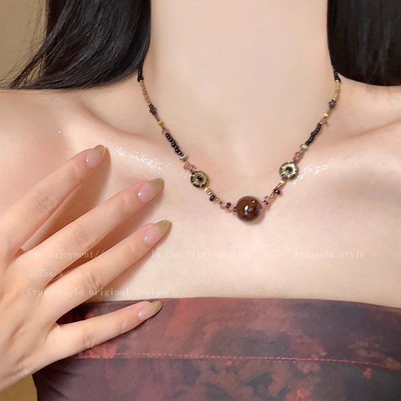 Retro Coffee Color Beaded Necklace