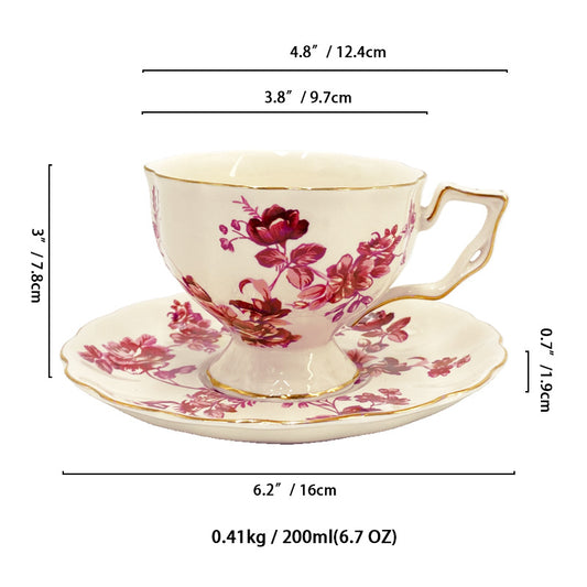 Retro Coffee Cup Set: Ceramic Cups and Saucers with Gold Trim, Large English-Style Tea Cups, French-Style Teapot