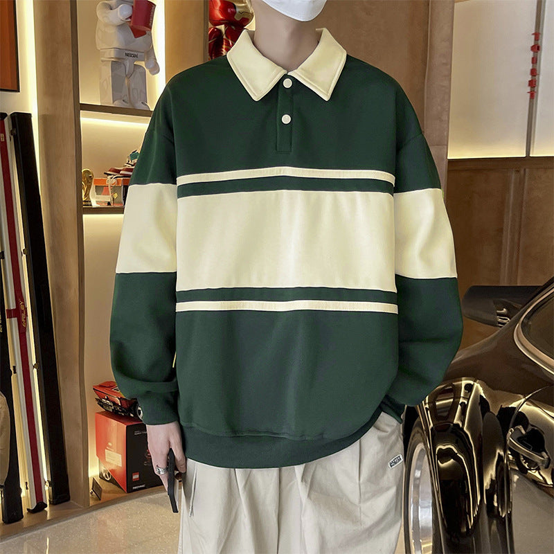 Retro Color Block Sweatshirt Unisex Loose Polo Shirt