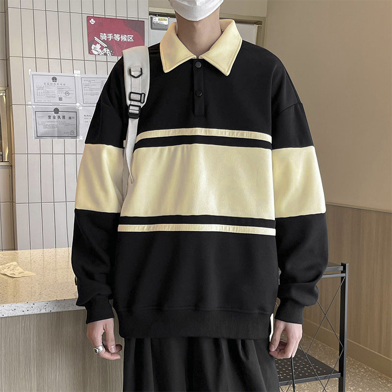 Retro Color Block Sweatshirt Unisex Loose Polo Shirt