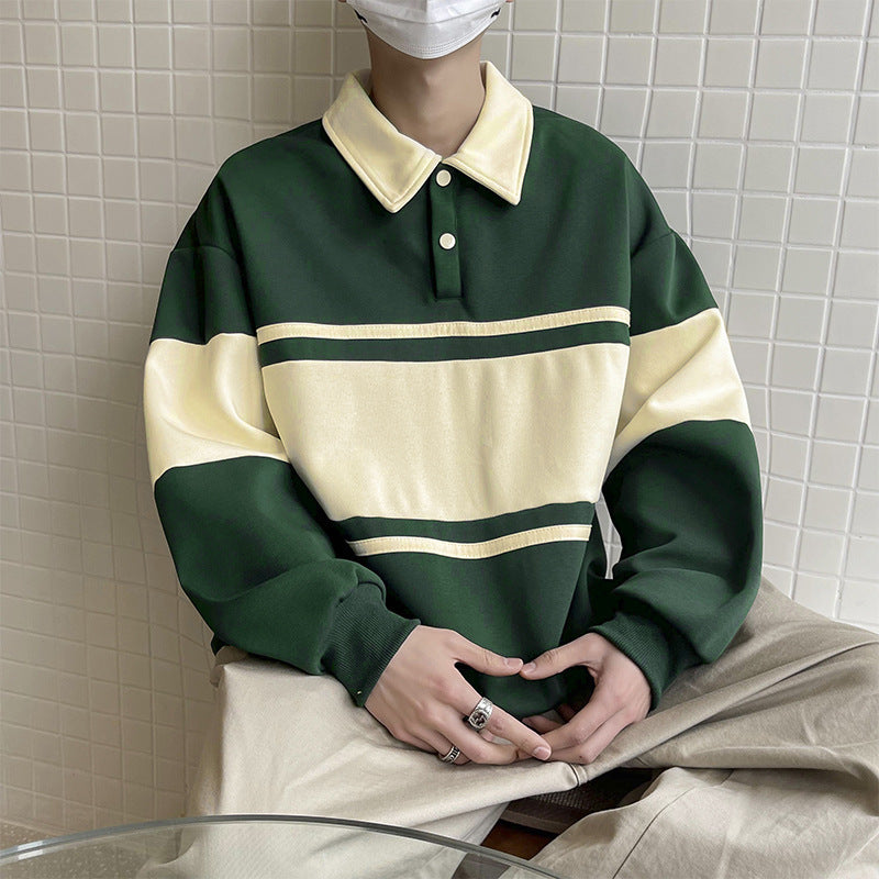 Retro Color Block Sweatshirt Unisex Loose Polo Shirt