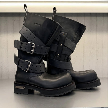 Retro Cowhide Motorcycle Boots with Side Zipper
