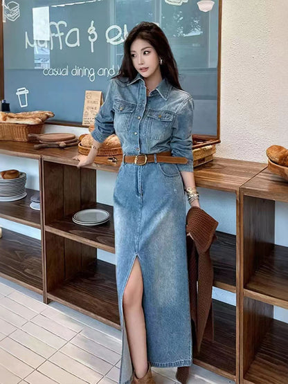 Retro Denim Dress with Polo Collar