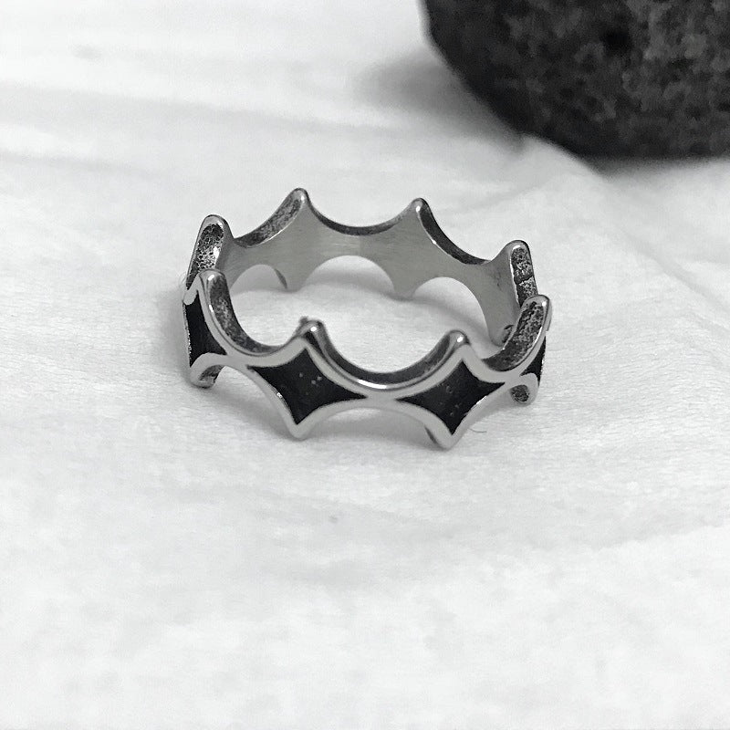Retro diamond-patterned interwoven titanium and steel men's ring