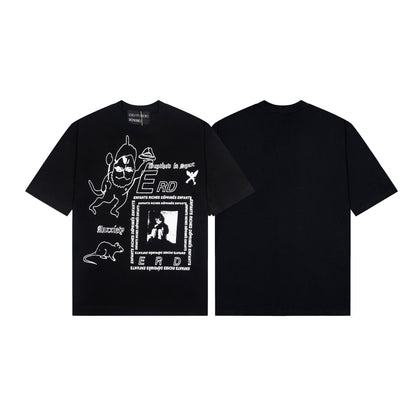 Retro Distressed Cotton T-shirt with Artistic Prints