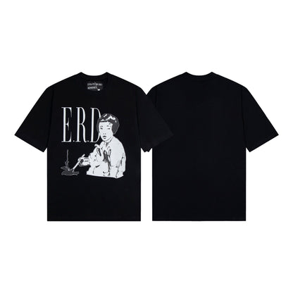 Retro Distressed Cotton T-shirt with Artistic Prints