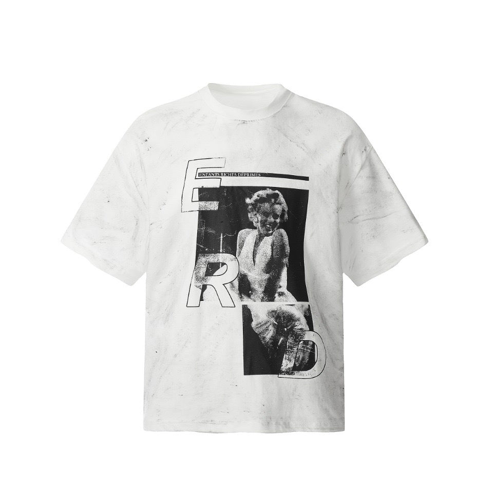 Retro Distressed Cotton T-shirt with Artistic Prints