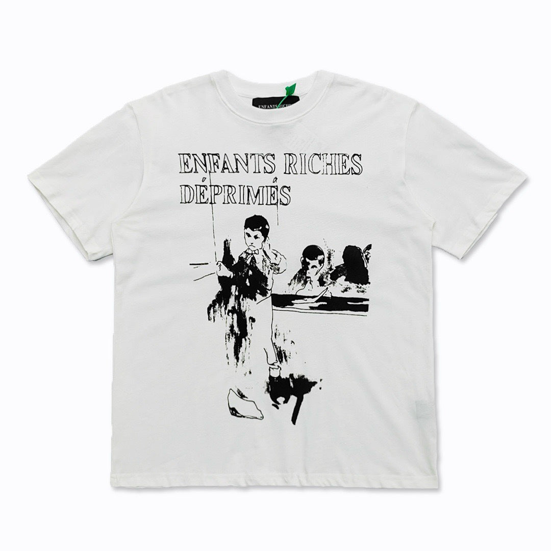 Retro Distressed Cotton T-shirt with Artistic Prints