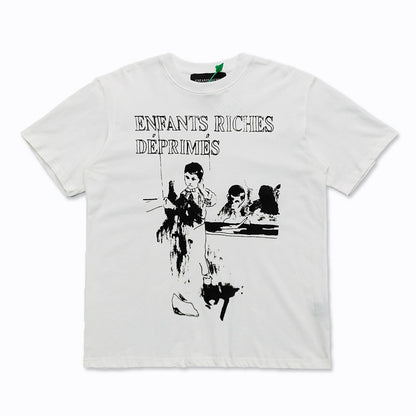 Retro Distressed Cotton T-shirt with Artistic Prints
