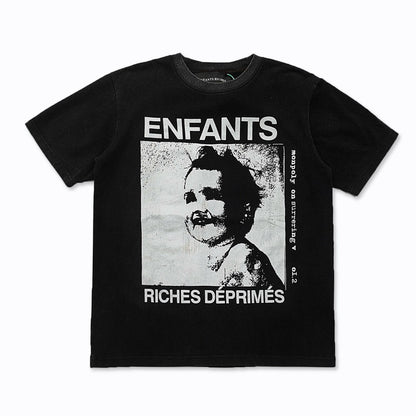 Retro Distressed Cotton T-shirt with Artistic Prints