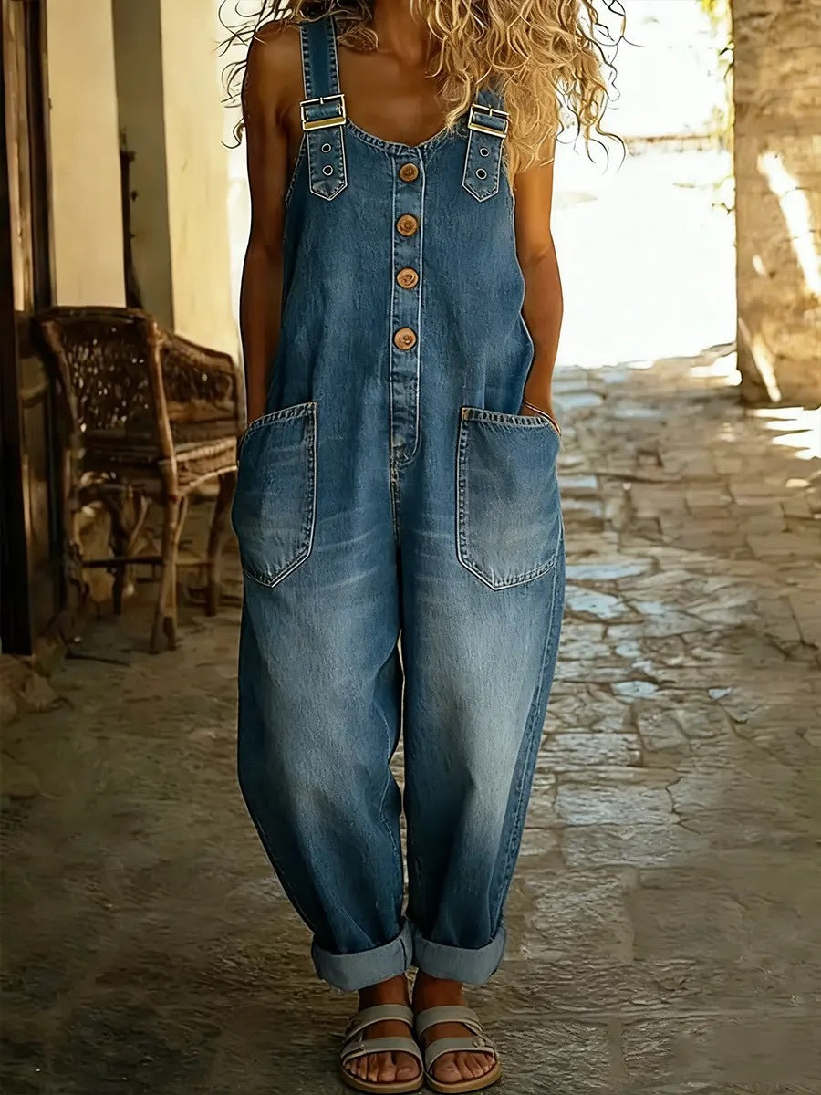 Retro Distressed Denim Jumpsuit with Adjustable Buckle
