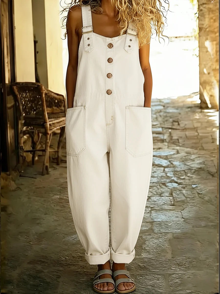 Retro Distressed Denim Jumpsuit with Adjustable Buckle