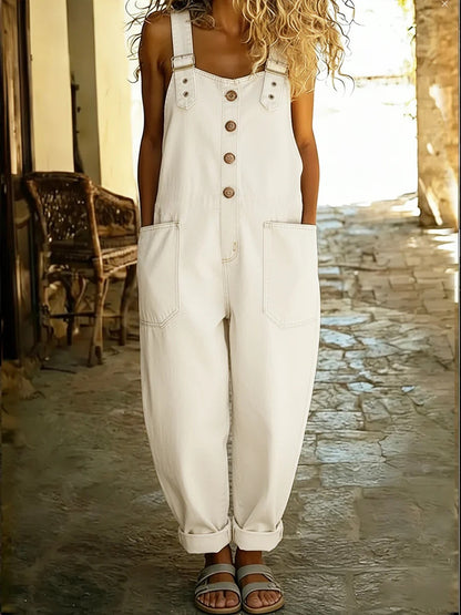 Retro Distressed Denim Jumpsuit with Adjustable Buckle