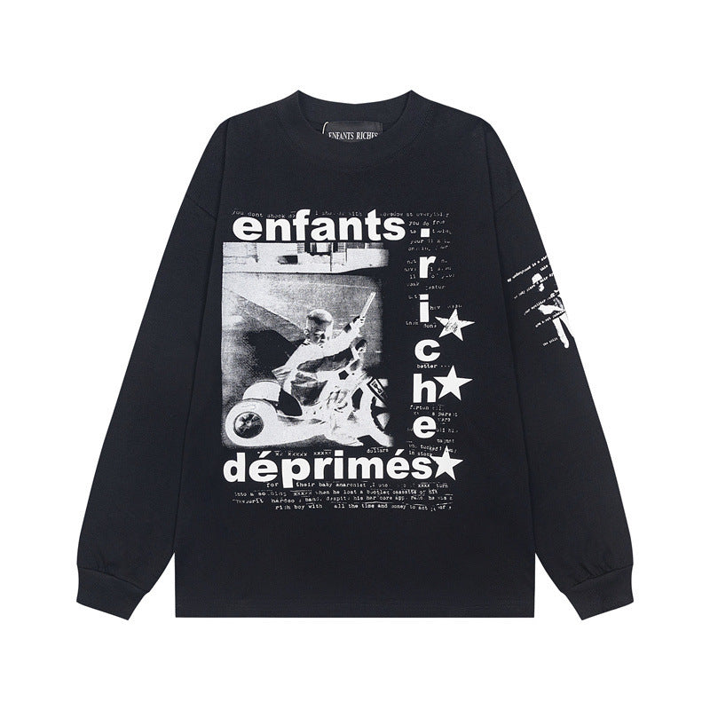 Retro Distressed Print Cotton Hooded Sweatshirt