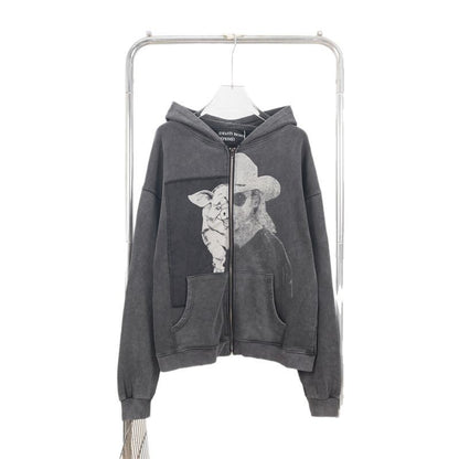 Retro Distressed Print Cotton Hooded Sweatshirt