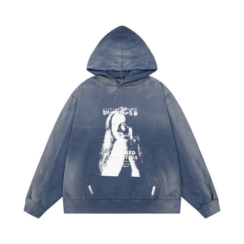 Retro Distressed Print Cotton Hooded Sweatshirt