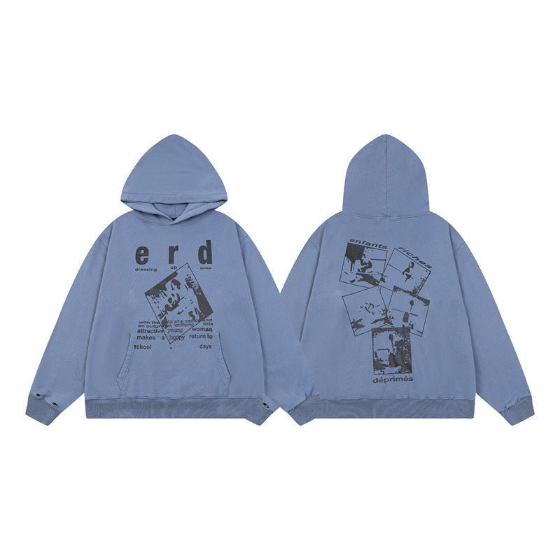 Retro Distressed Print Cotton Hooded Sweatshirt