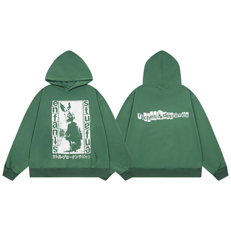 Retro Distressed Print Cotton Hooded Sweatshirt