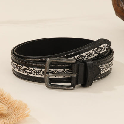 Retro Embossed Casual Belt with Pin Buckle