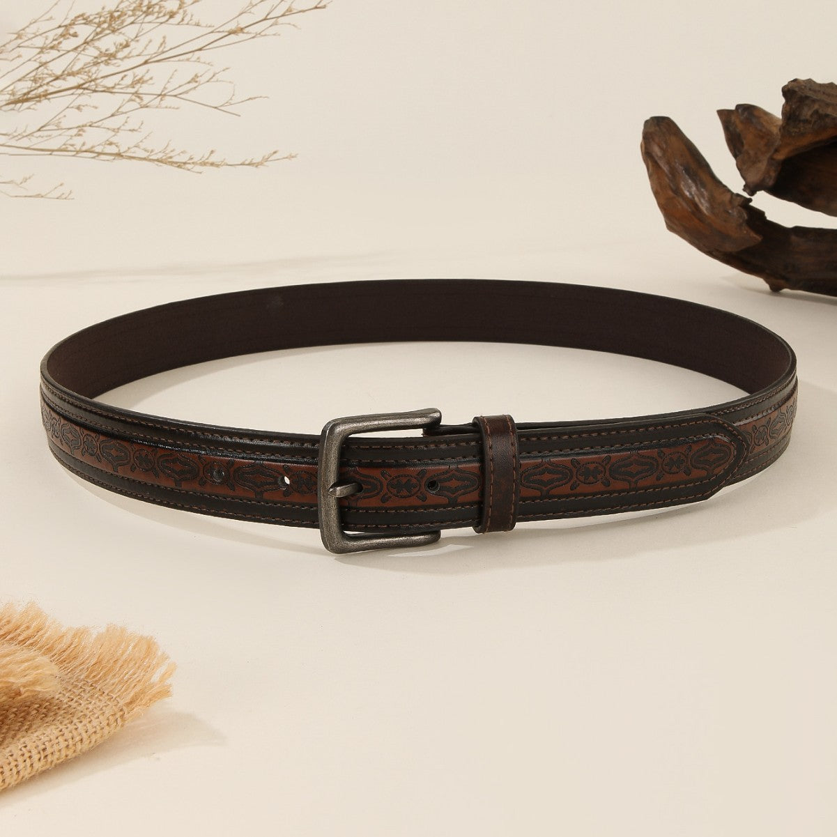 Retro Embossed Casual Belt with Pin Buckle