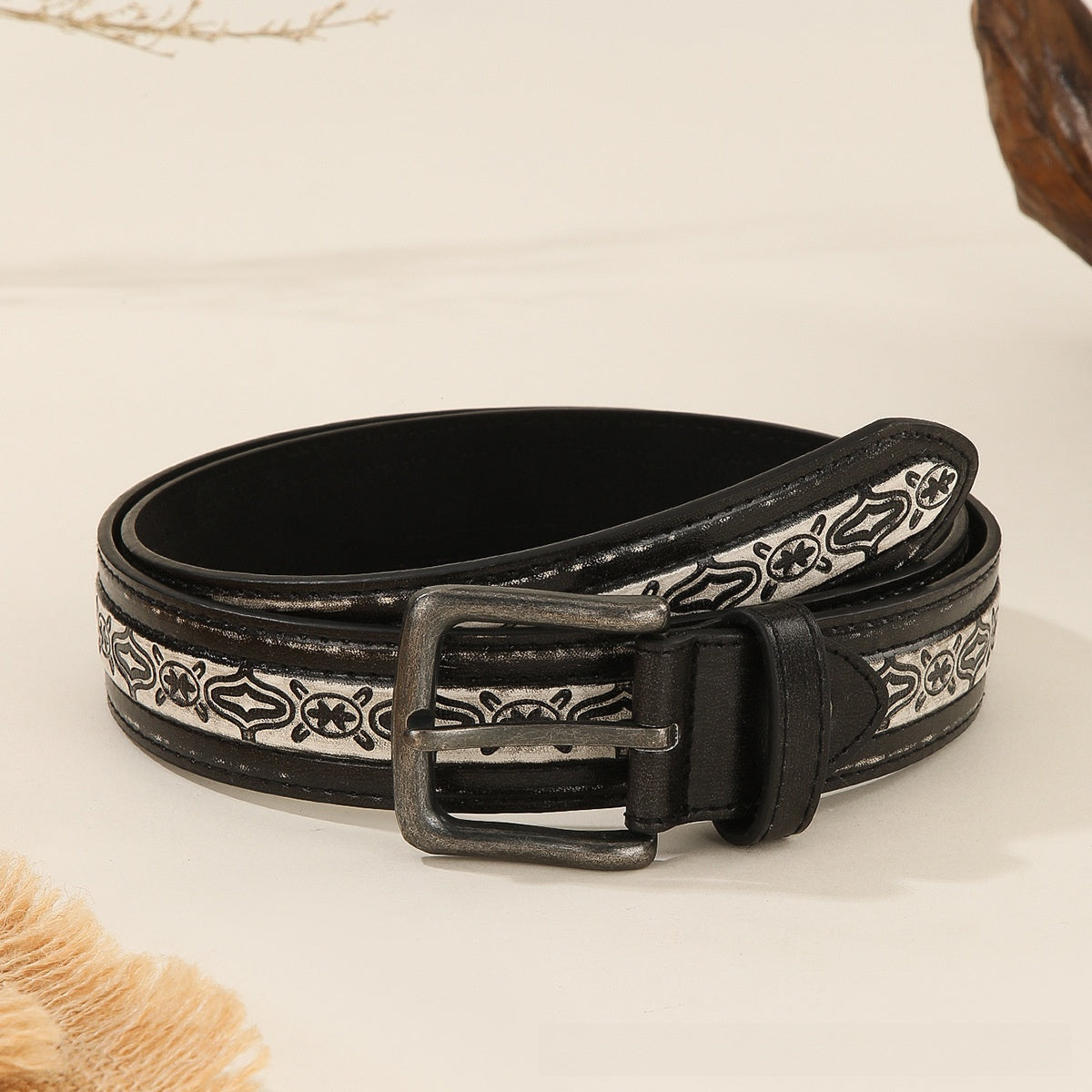 Retro Embossed Casual Belt with Pin Buckle