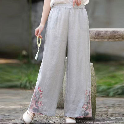 Retro Embroidered Cotton Linen Wide-Leg Pants for Women