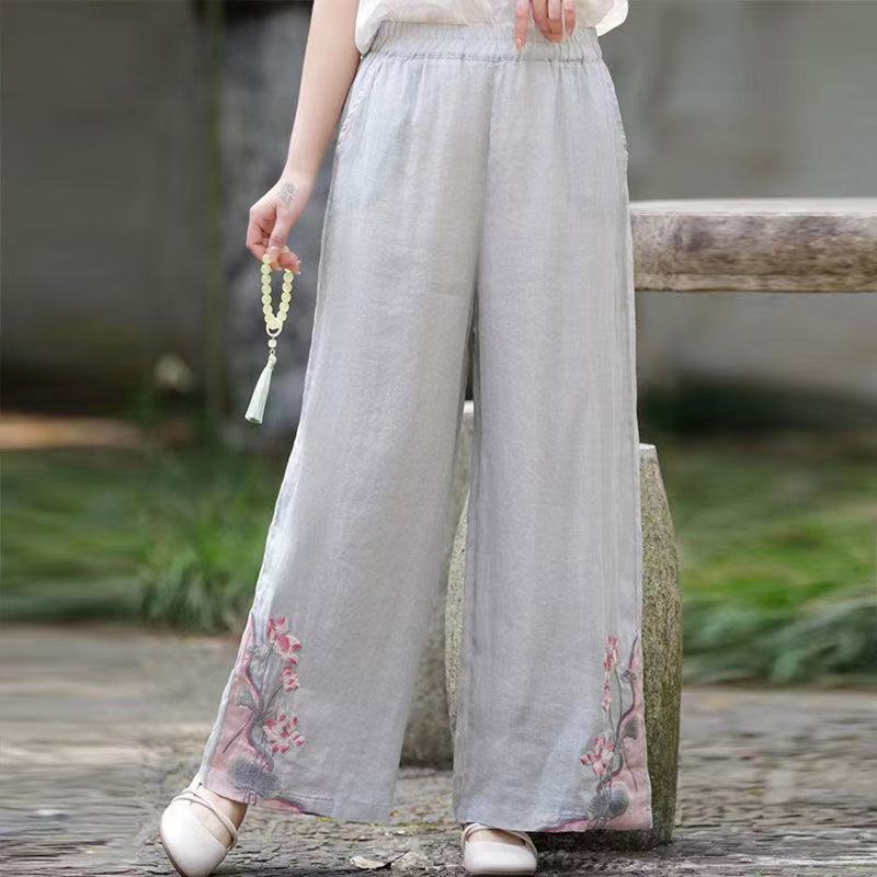 Retro Embroidered Cotton Linen Wide-Leg Pants for Women