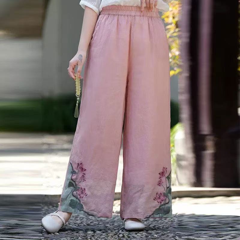 Retro Embroidered Cotton Linen Wide-Leg Pants for Women