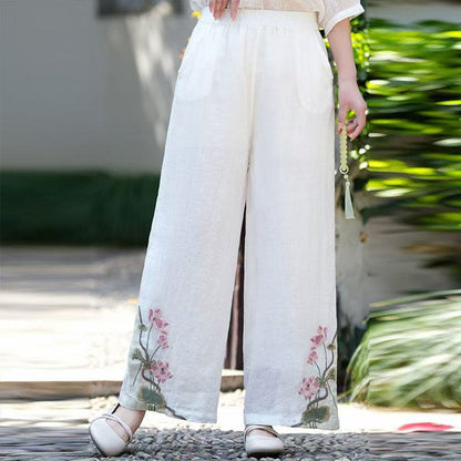 Retro Embroidered Cotton Linen Wide-Leg Pants for Women