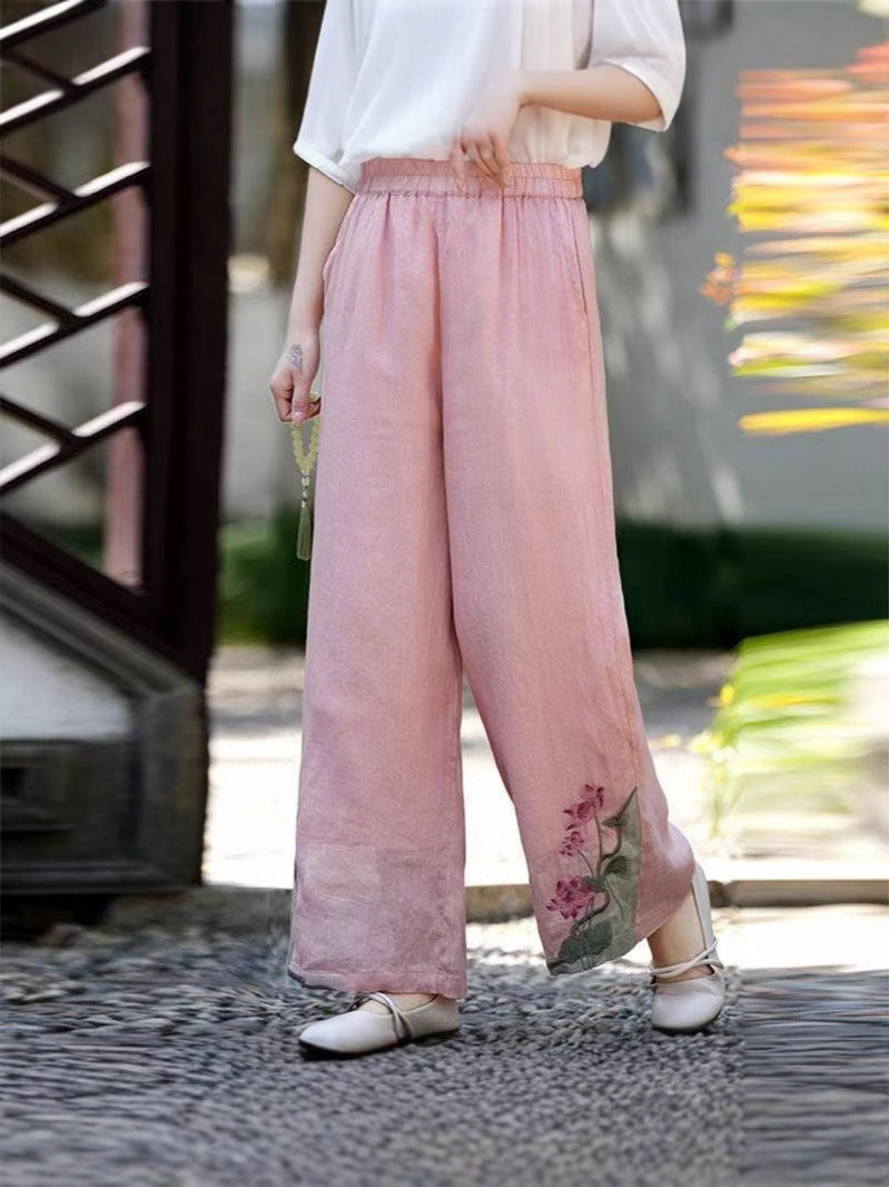 Retro Embroidered Cotton Linen Wide-Leg Pants for Women