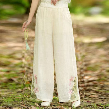 Retro Embroidered Cotton Linen Wide-Leg Pants for Women