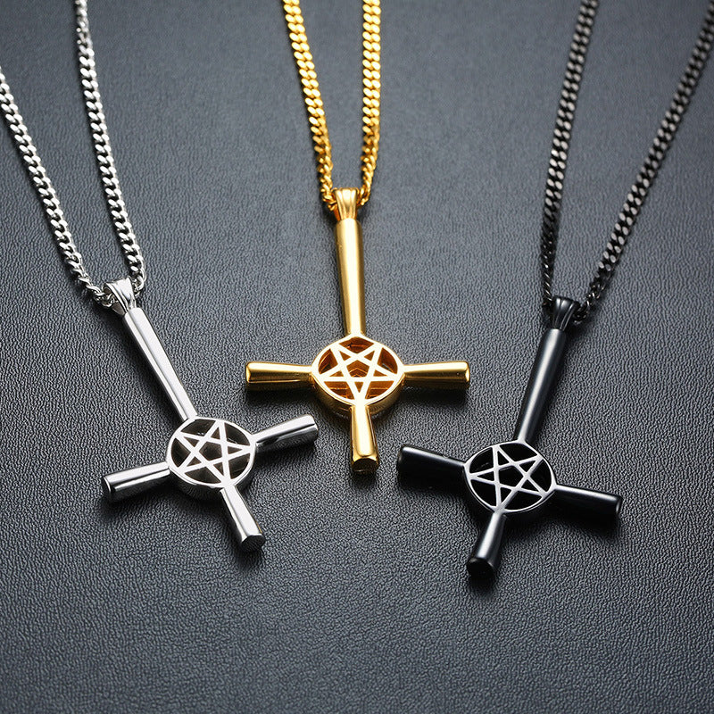 Retro Five-Pointed Star Inverted Cross Punk Necklace