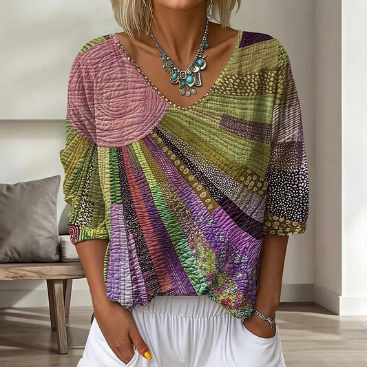 Retro Floral Gradient V-Neck Top